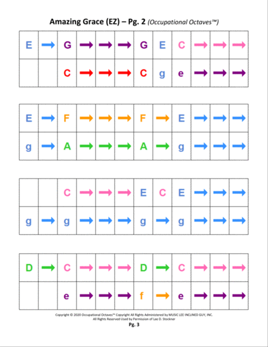 Occupational Octaves Piano™ Supplement 2.2 (Au Claire de la Lune, Amazing Grace, New York Blues No Piano Solo scores gallery preview page 4
