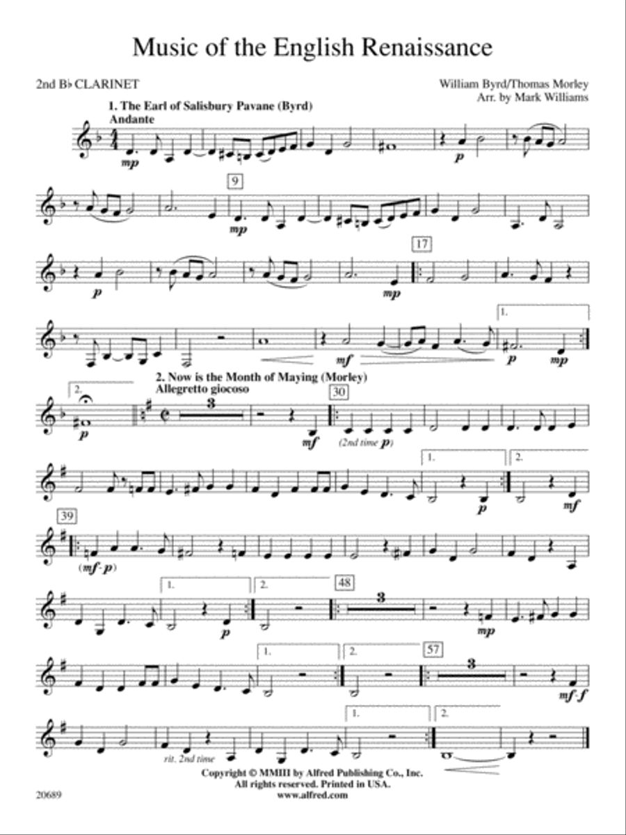 Music of the English Renaissance: 2nd B-flat Clarinet Concert Band scores gallery preview page 1