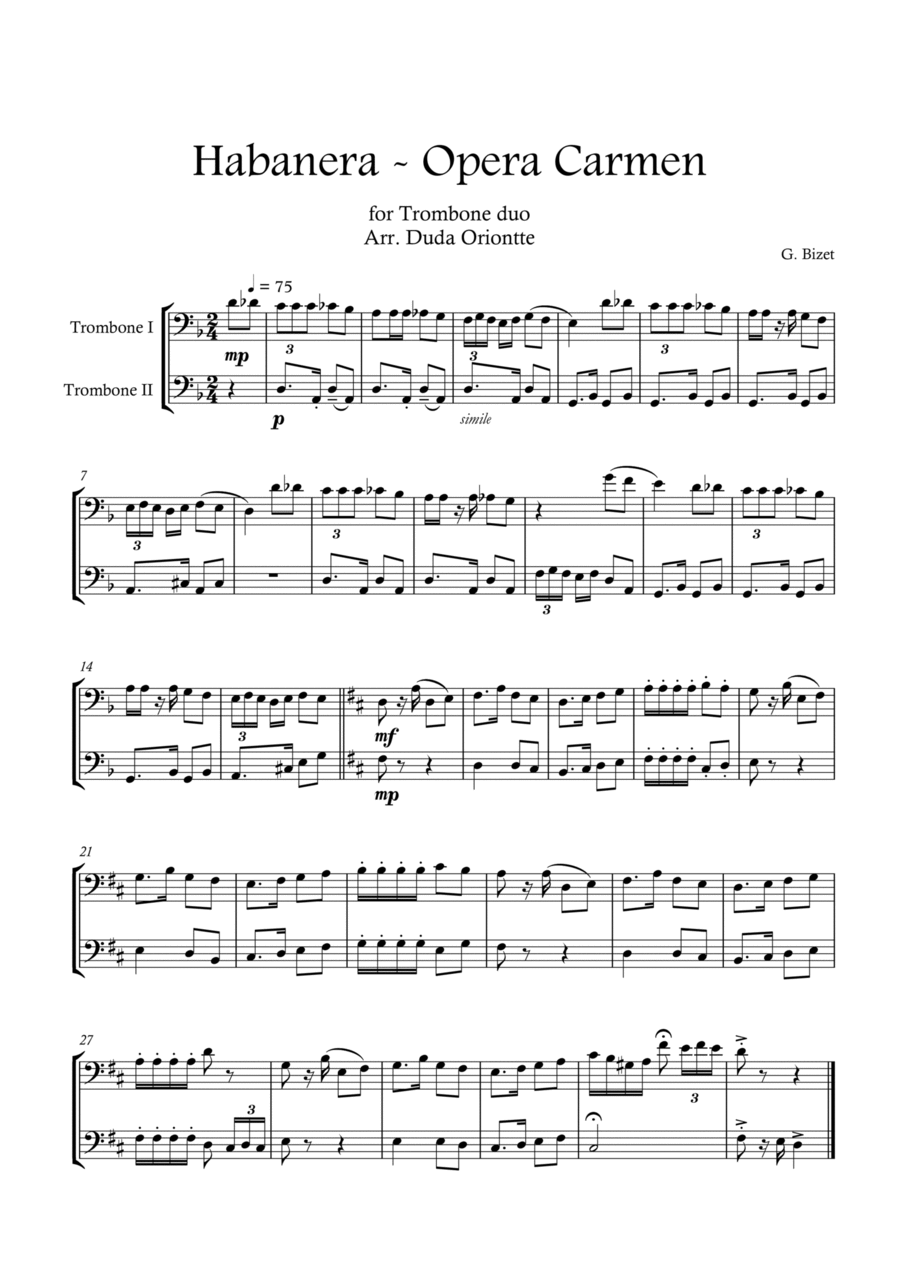 Carmen HABANERA - Bizet ( trombone DUO) Student Carmen HABANERA - Bizet ( trombone DUO) Student Trombone Duet scores gallery preview page 1