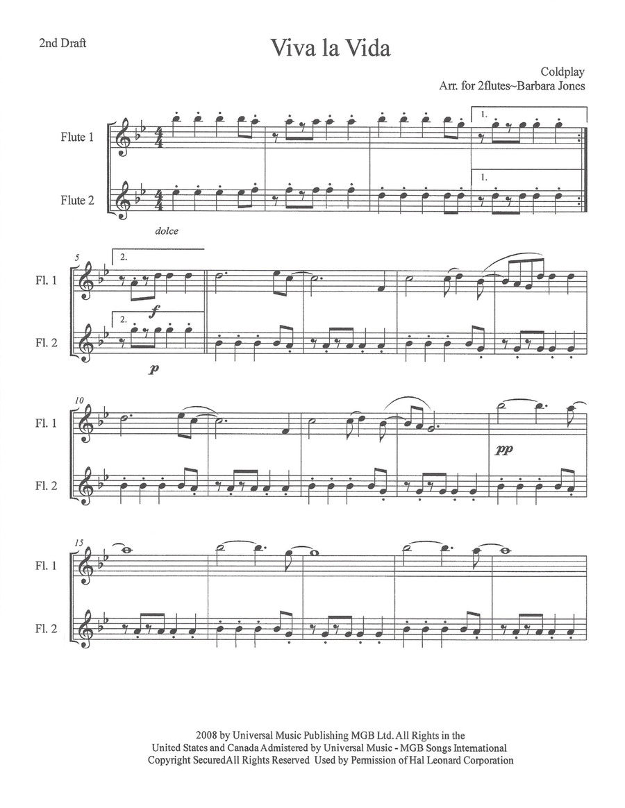 Viva La Vida Flute Duet scores gallery preview page 2