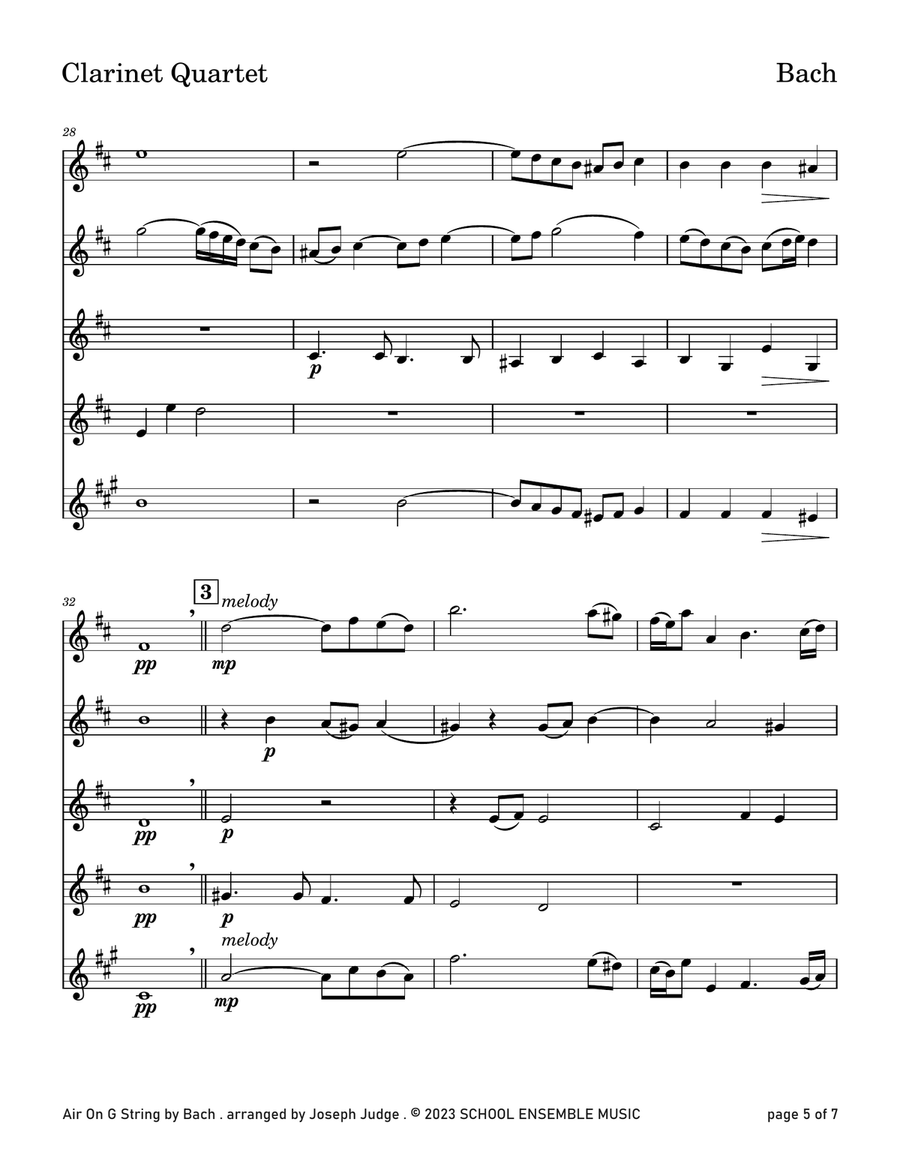 Air On G String by Bach for Clarinet Quartet in Schools Woodwind Ensemble scores gallery preview page 5