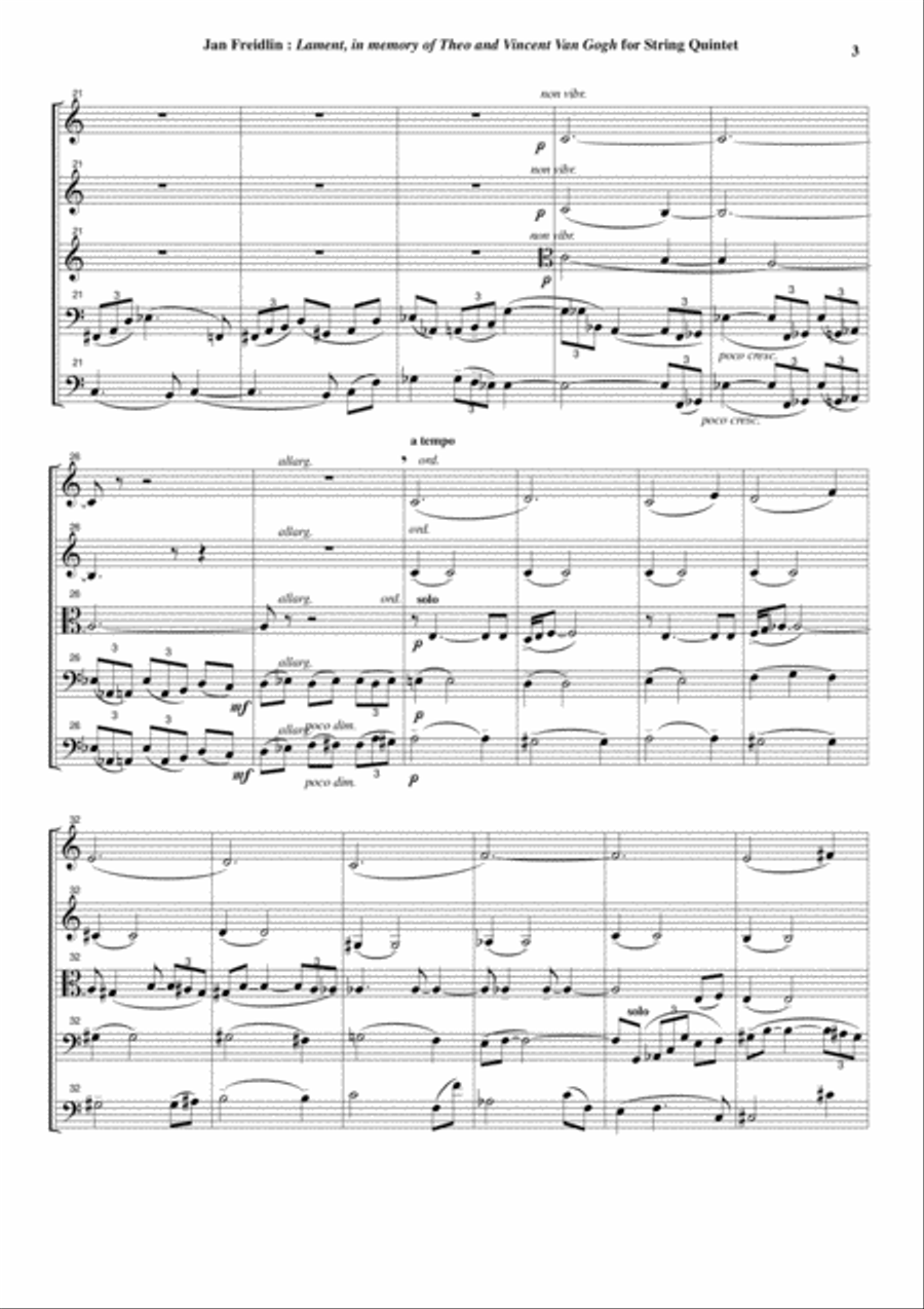 Jan Freidlin: Lament in Memory of Theo and Vincent Van Gogh for string quintet, score and parts String Quartet scores gallery preview page 3