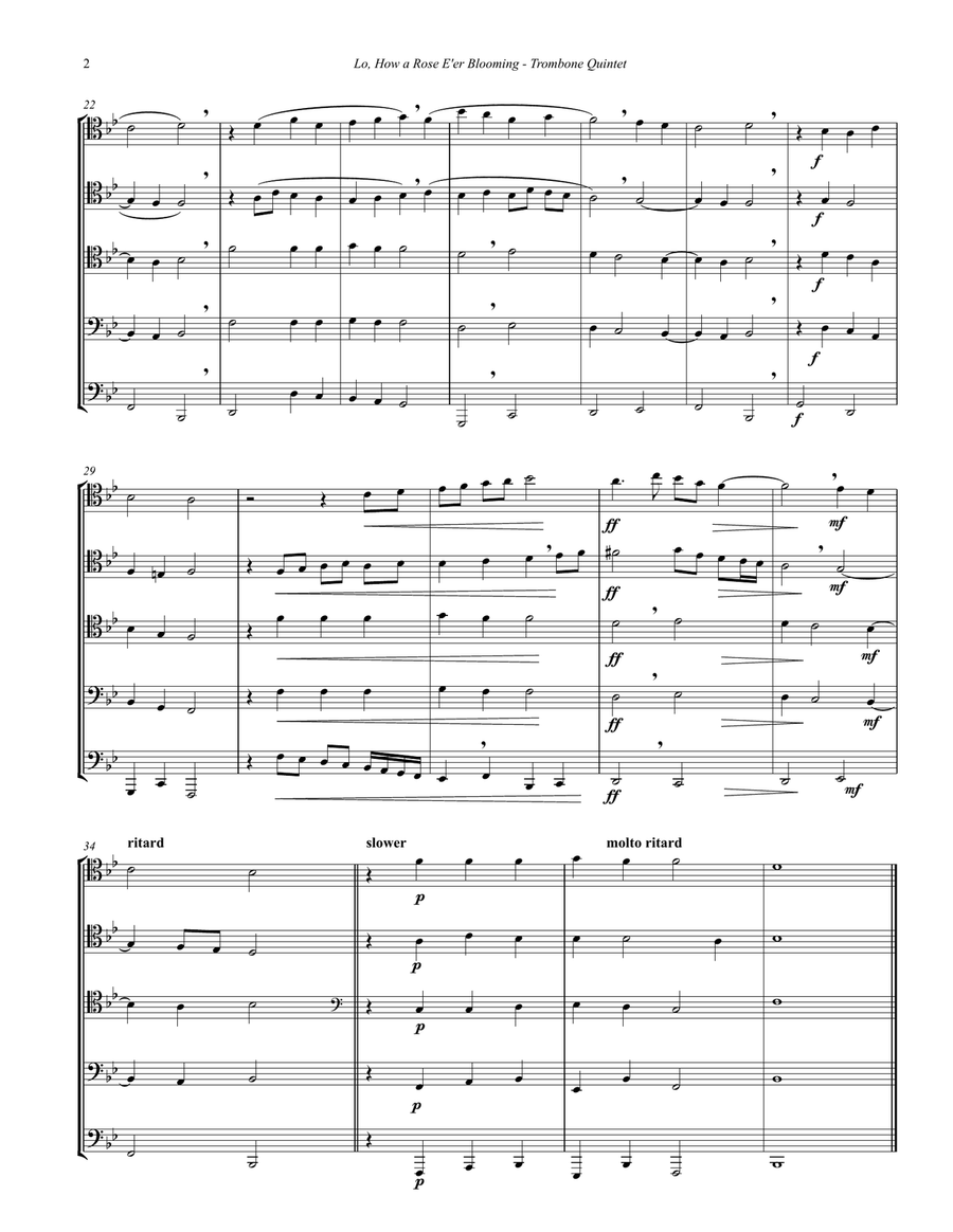 Traditional Christmas - Lo, How a Rose E'er Blooming for Trombone Quintet Small Ensemble scores gallery preview page 2