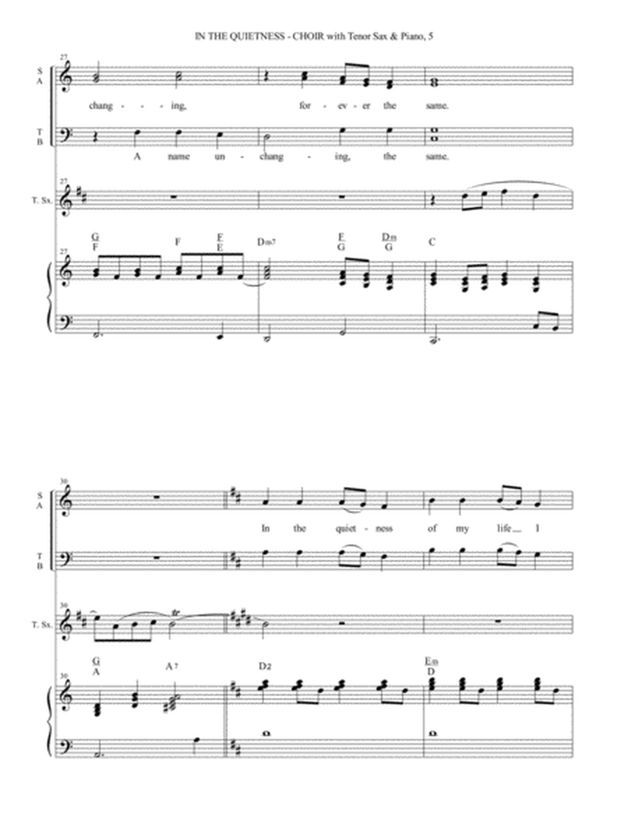 IN THE QUIETNESS (For SATB Choir with Tenor Sax & Piano - separate Octavo, Choir & Tenor Sax Part in image number null