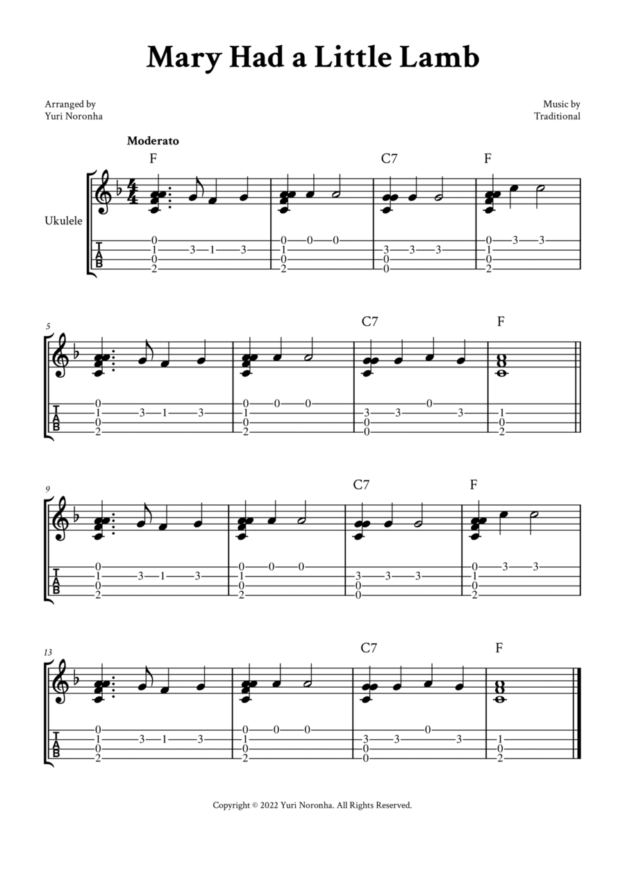 Mary Had a Little Lamb - Fingerstyle Ukulele (with TAB) Ukulele scores gallery preview page 1