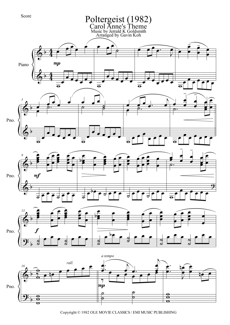 Poltergeist - Cues & Theme Piano Solo scores gallery preview page 1