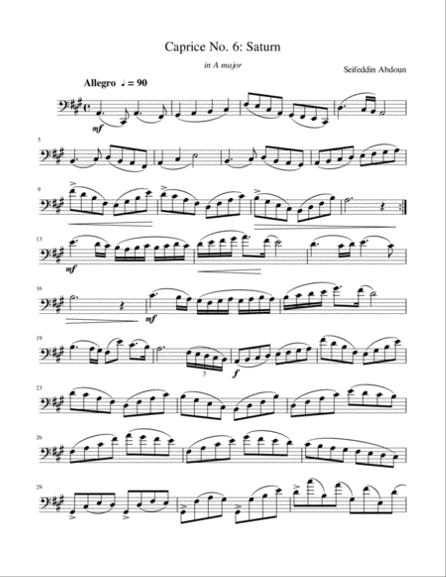 Cello Caprice No. 6 (Saturn) in A major Cello Solo scores gallery preview page 1