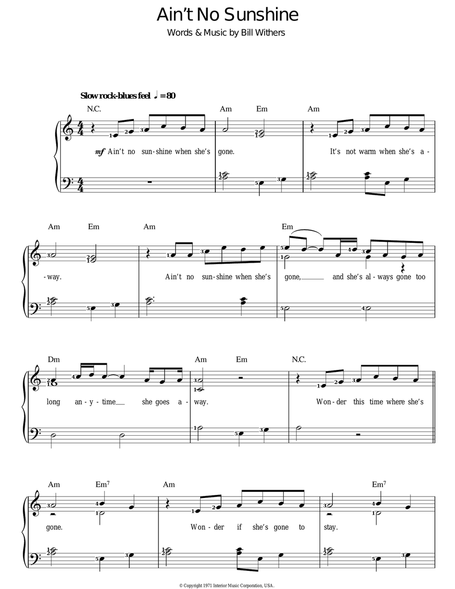 Ain't No Sunshine Ain't No Sunshine Piano, Vocal scores gallery preview page 1