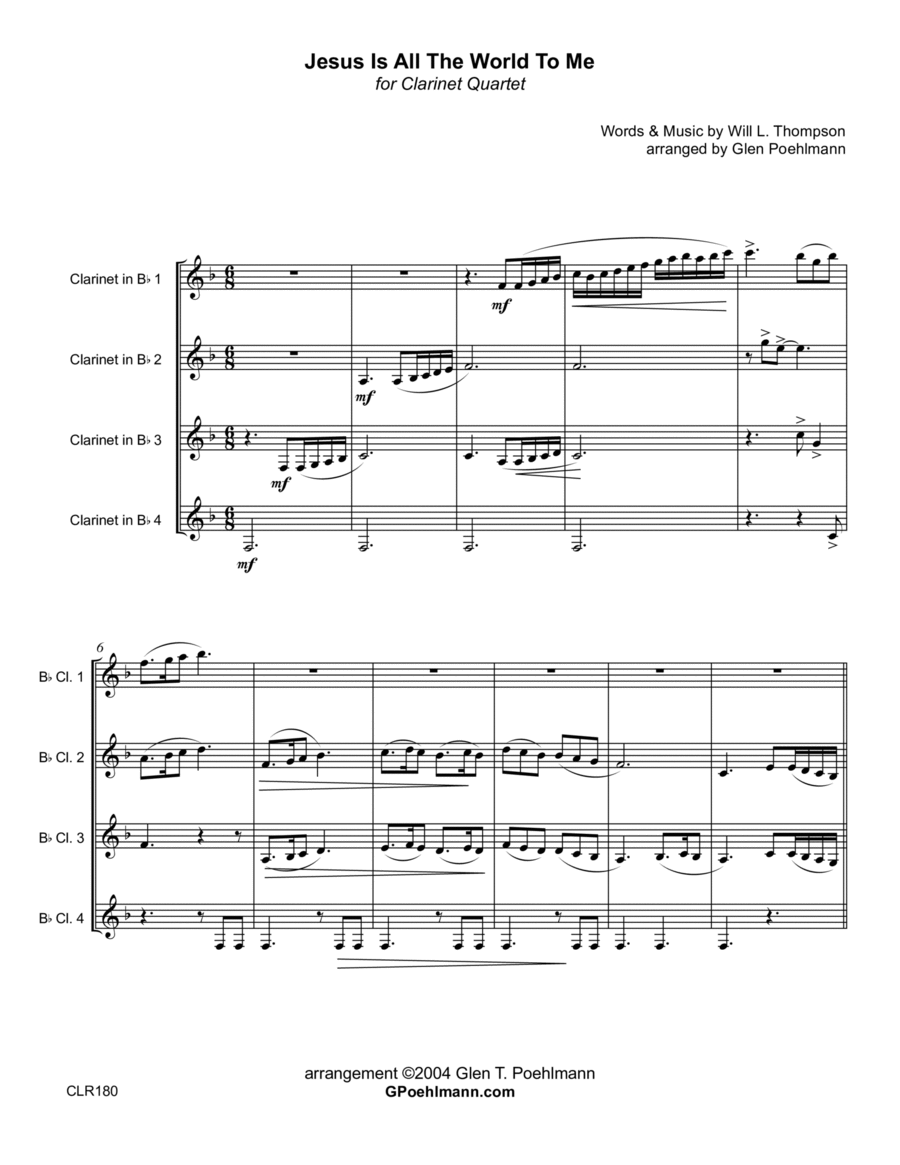 JESUS IS ALL THE WORLD TO ME - CLARINET QUARTET (unaccompanied) Clarinet Quartet scores gallery preview page 1