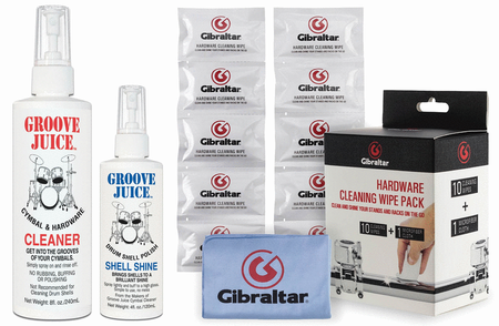 Drummers Cleaning Kit With Groove Juice Shell Shine, Cymbal Cleaner, & Hardware Wipes