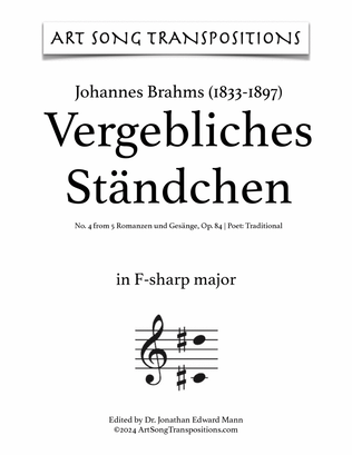 Book cover for BRAHMS: Vergebliches Ständchen, Op. 84 no. 4 (transposed to F-sharp major)