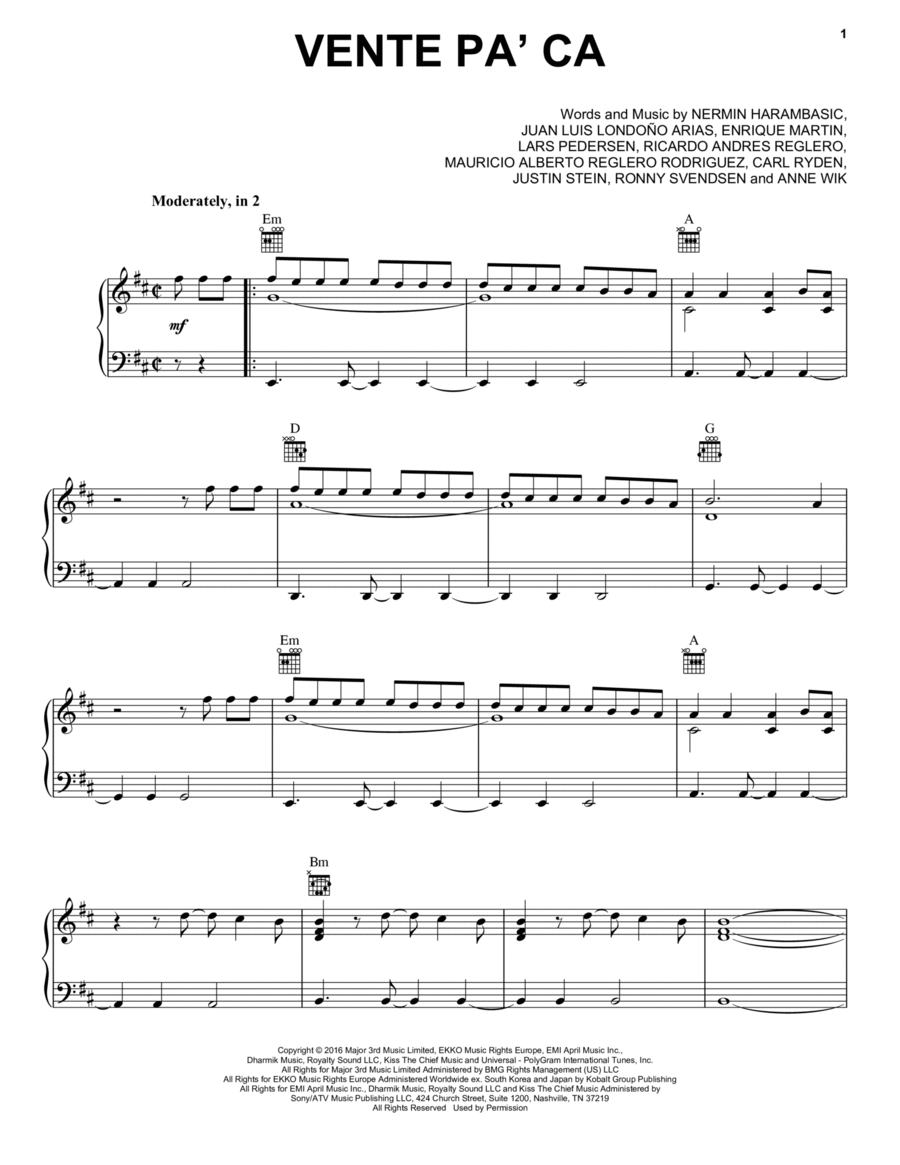 Vente Pa' Ca (Feat. Maluma) Piano, Vocal, Guitar scores gallery preview page 1