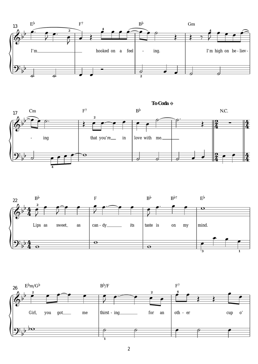 Hooked On A Feeling Easy Piano scores gallery preview page 2