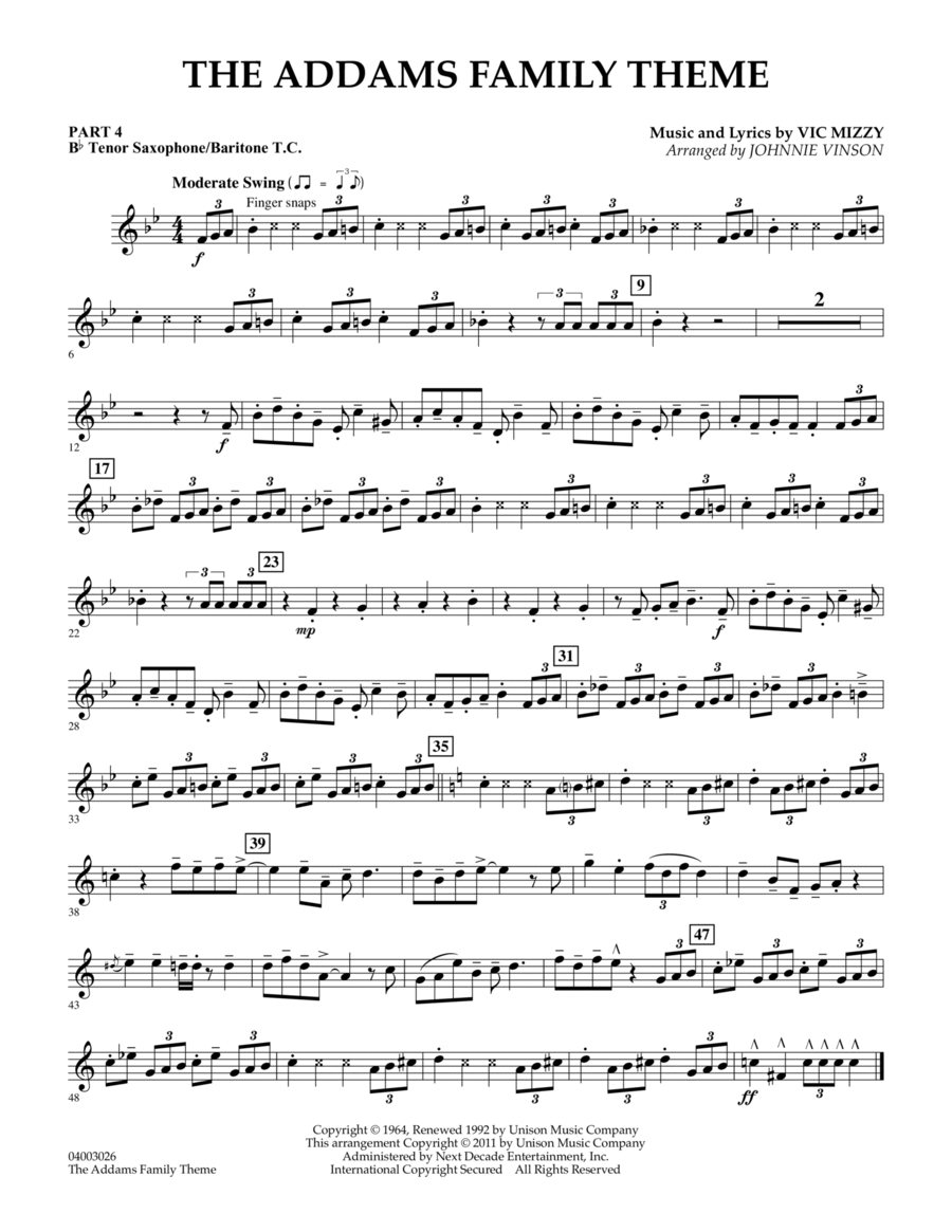 The Addams Family Theme - Pt.4 - Bb Tenor Sax/Bar. T.C. Concert Band scores gallery preview page 1