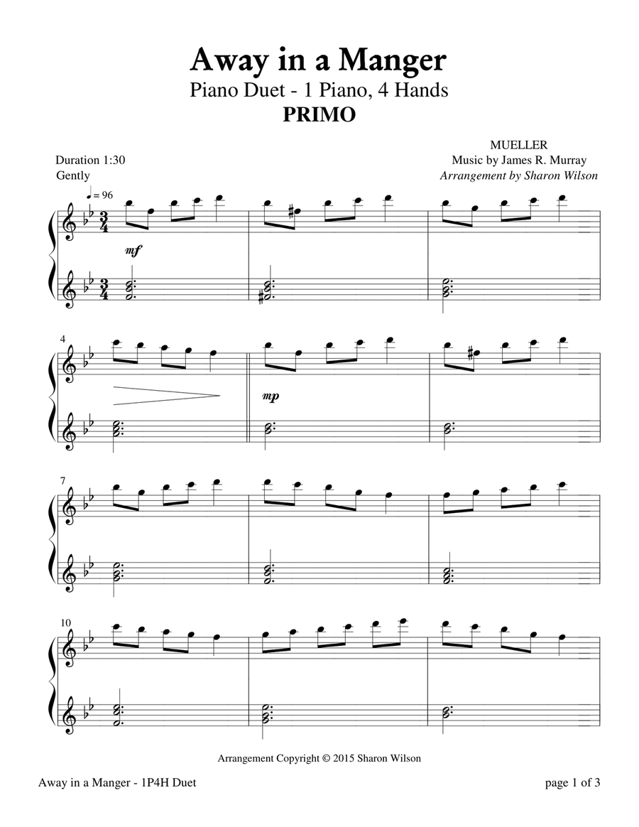 Away in a Manger (Early-Intermediate Piano Duet: 1 Piano, 4 Hands) image number null