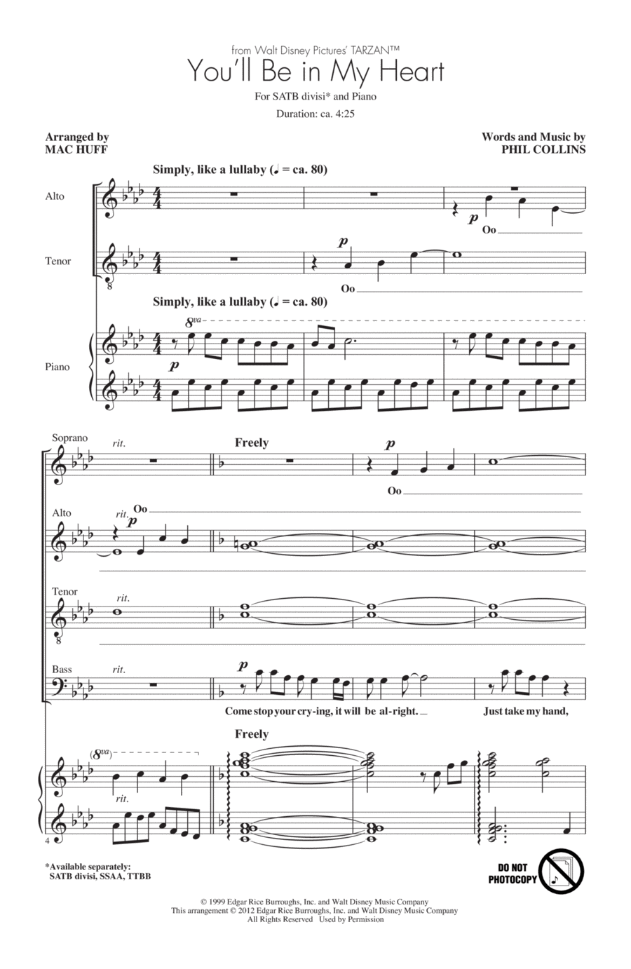 You'll Be In My Heart (from Tarzan) (arr. Mac Huff) 4-Part scores gallery preview page 1
