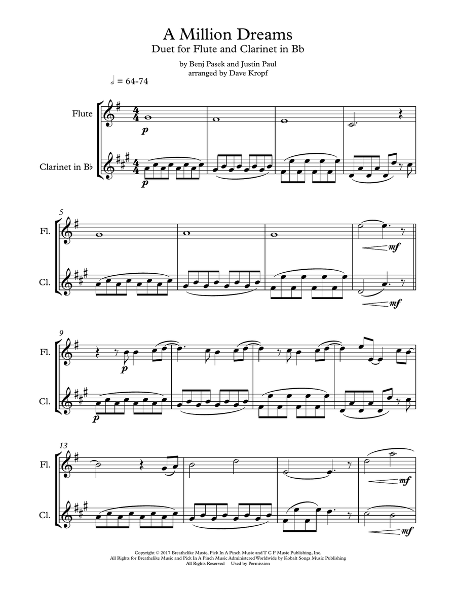 A Million Dreams Woodwind Duet scores gallery preview page 1