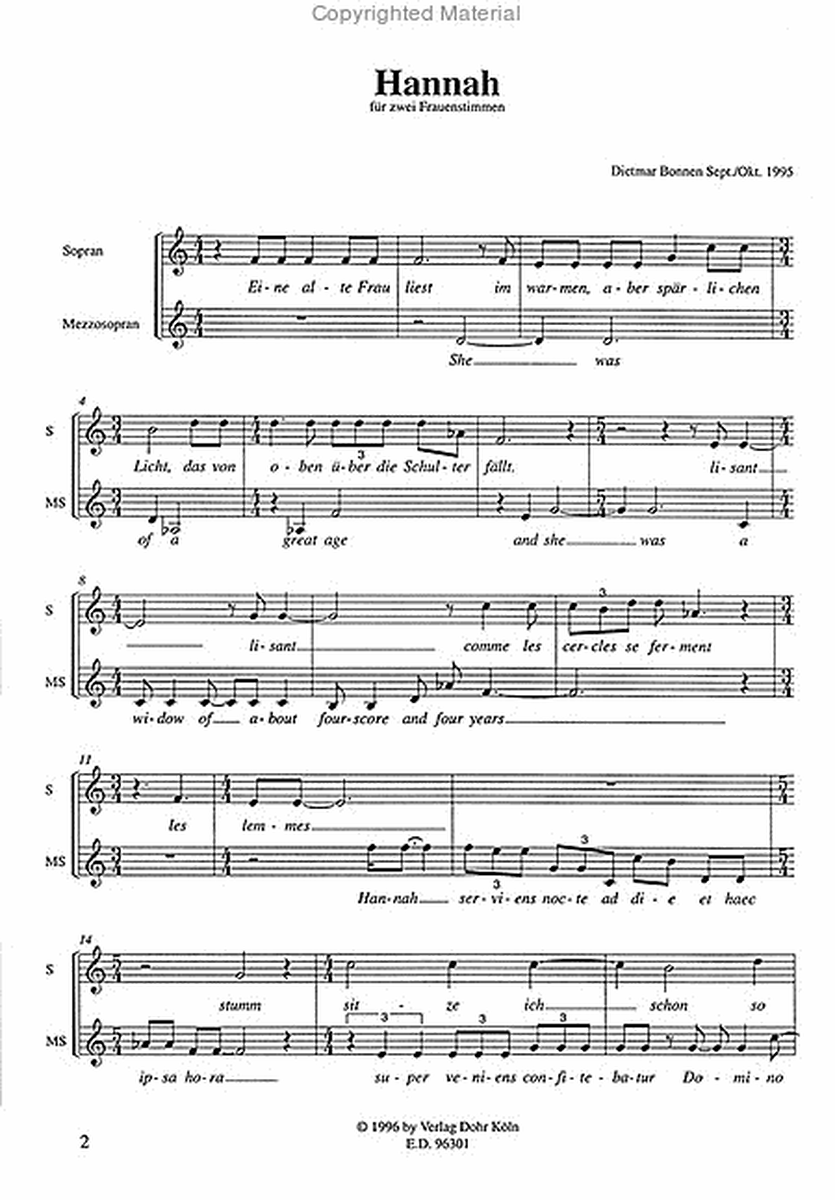 Hannah (1995) -Fassung für zwei Frauenstimmen und Klavier (od. Klavier, E-Piano, Vibraphon und Glockenspiel)-