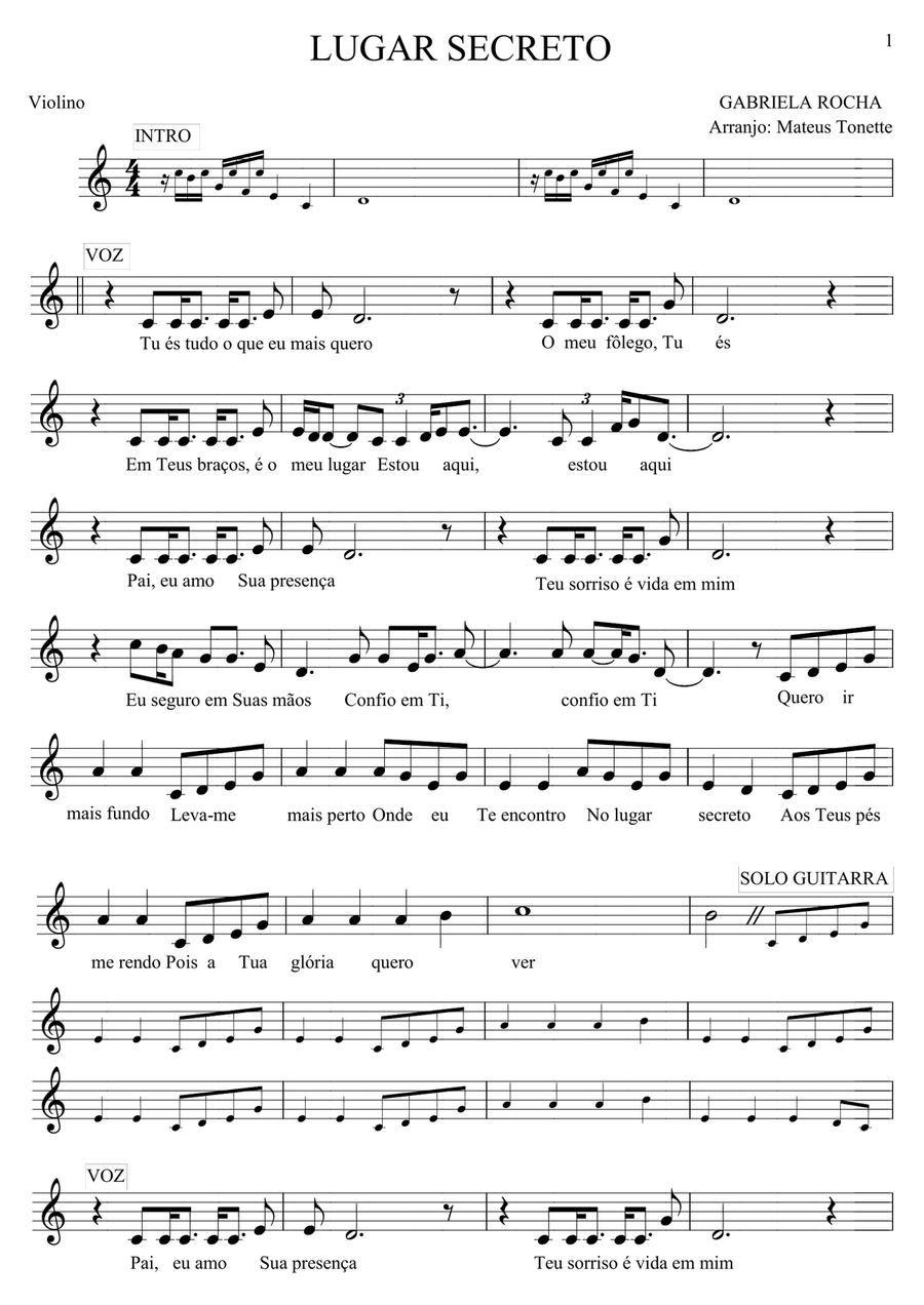 Lugar Secreto - Gabriela Rocha - Partitura para Violino Piano, Vocal scores gallery preview page 1