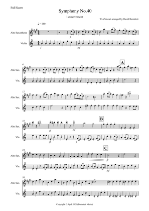 Symphony No.40 (1st movement) for Alto Saxophone and Violin