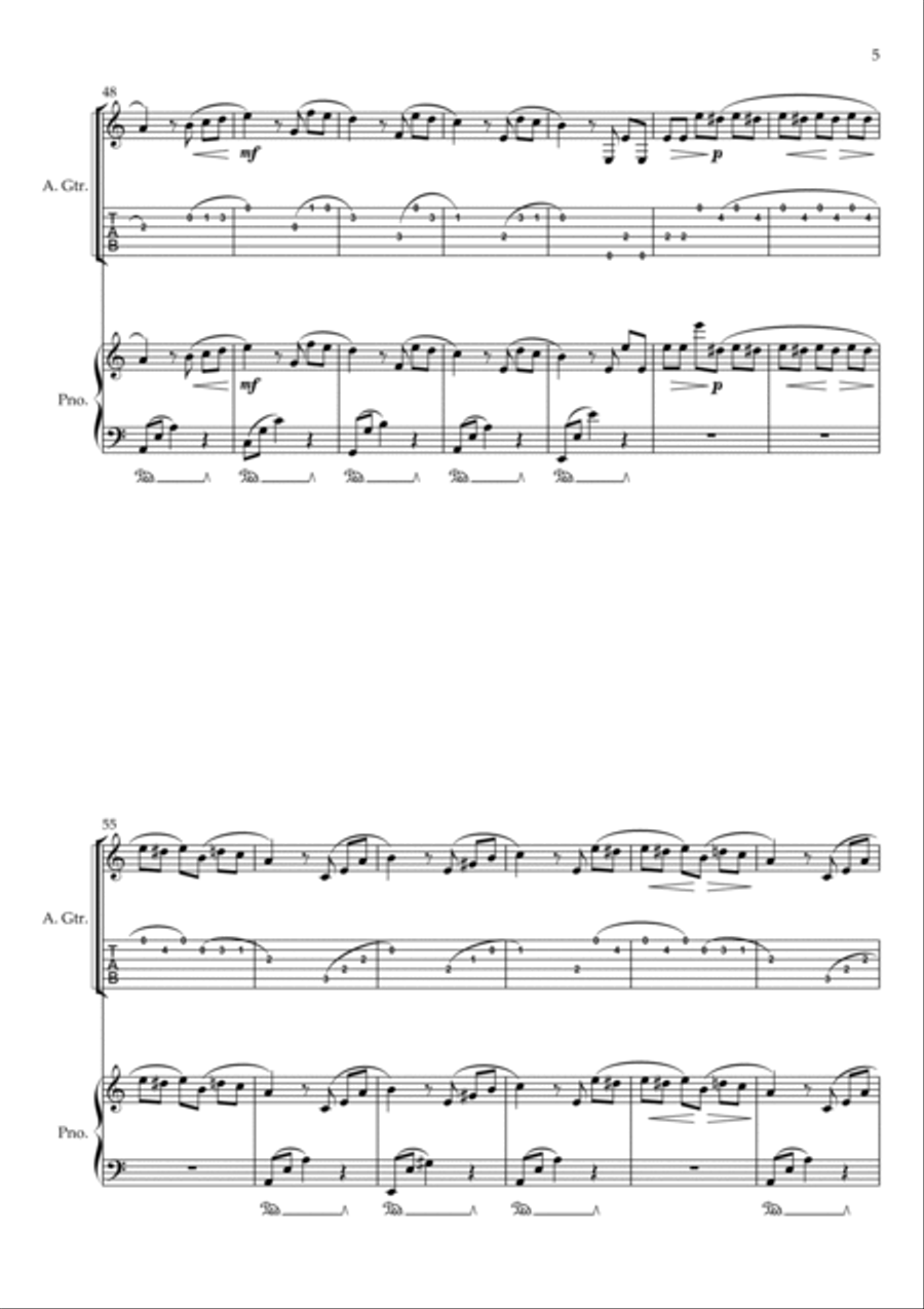 Für Elise (For Elise) - for Guitar (Tab) and Piano accompaniment - with Piano Play along Acoustic Guitar scores gallery preview page 5