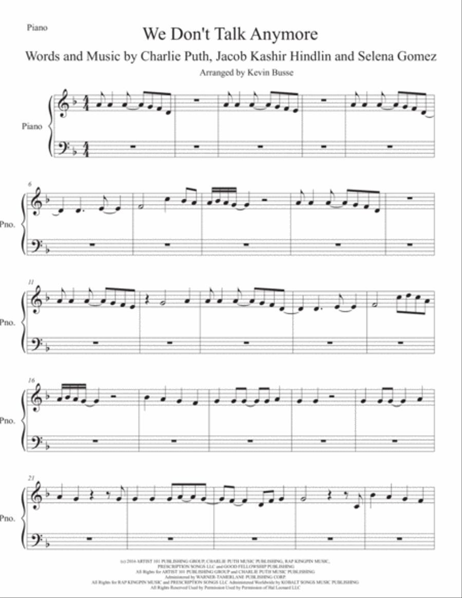 We Don't Talk Anymore Easy Piano scores gallery preview page 1