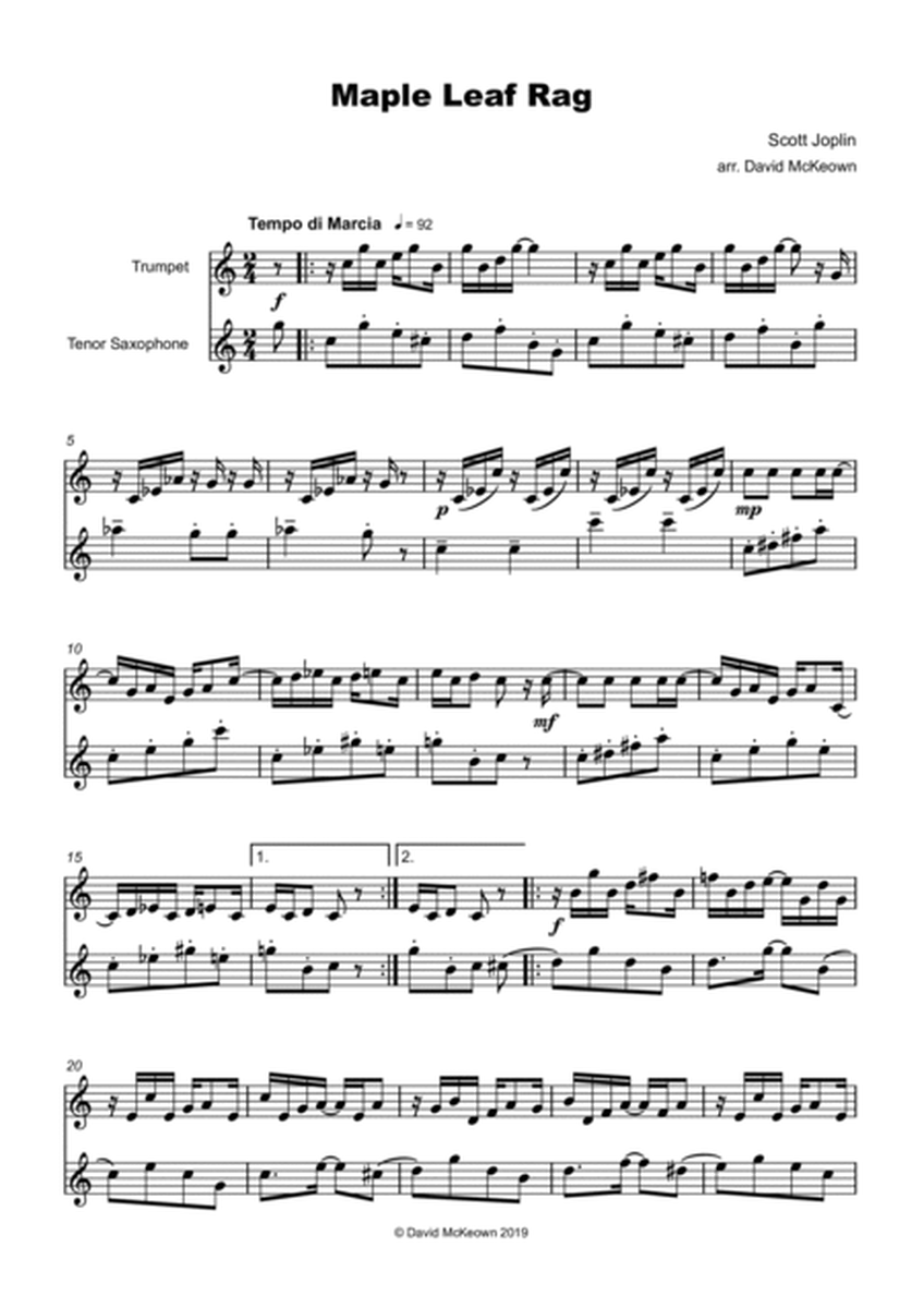 Maple Leaf Rag, by Scott Joplin, Trumpet and Tenor Saxophone Duet
