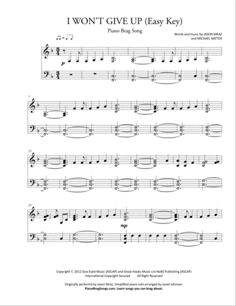 I Won't Give Up Easy Piano scores gallery preview page 1