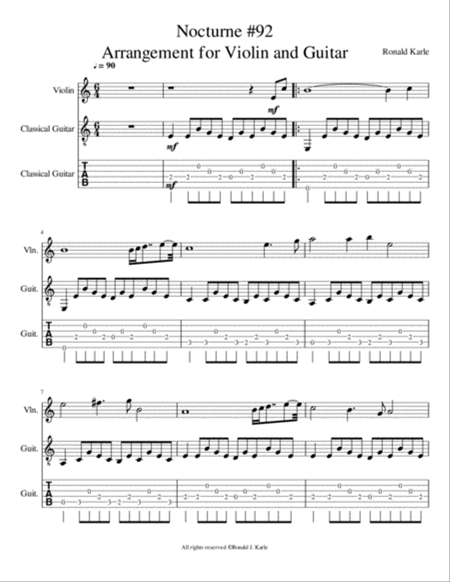 Nocturne #92 by: Ronald J. Karle for Violin and Guitar String Duet scores gallery preview page 2