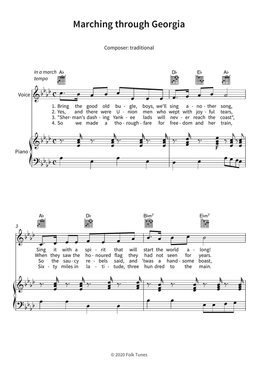 Marching through Georgia by Traditional Piano, Vocal, Guitar - Digital Sheet Music page 3