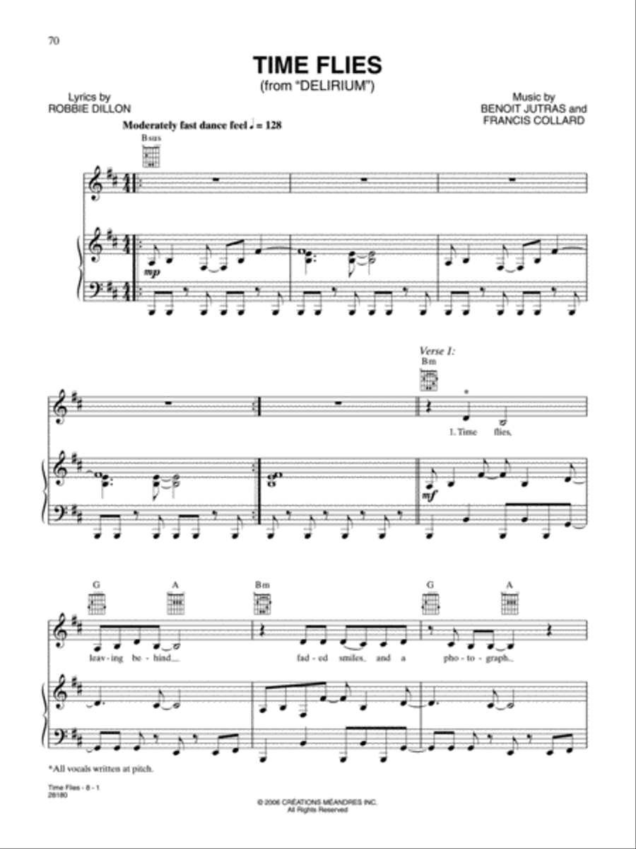 Time Flies (from Cirque Du Soleil: Delirium) Piano, Vocal, Guitar scores gallery preview page 1
