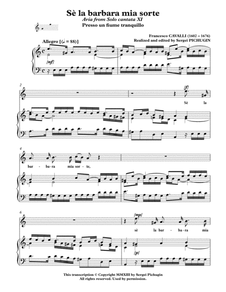CAVALLI Francesco: Sè la barbara mia sorte, aria from the cantata, arranged for Voice and Piano (A image number null