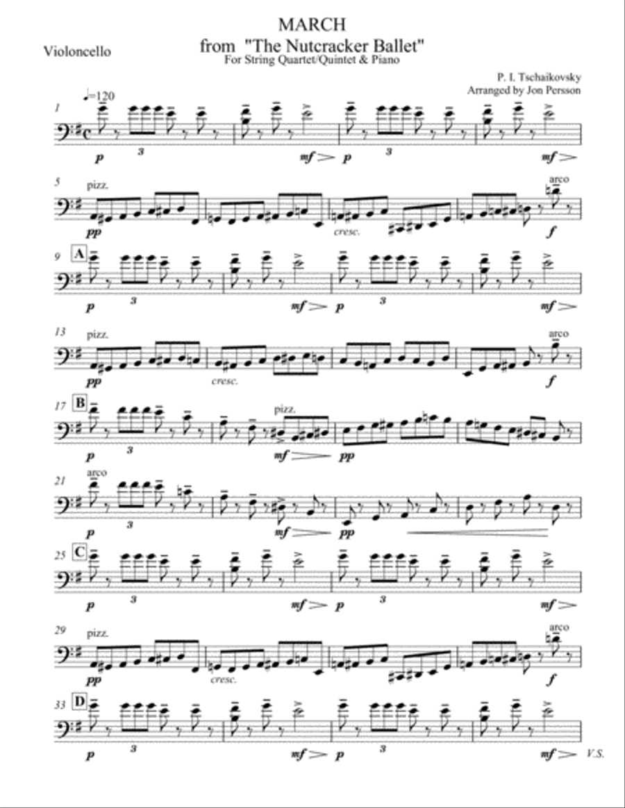 Nutcracker Ballet - March for Strings and Piano - Cello Part Piano Quintet scores gallery preview page 1