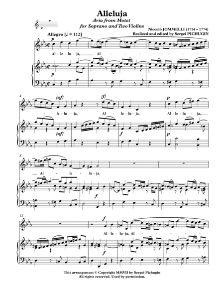 JOMMELLI Niccolò: Alleluja, an aria from motet "Care Deus si respiro", arranged for Voice and Piano image number null