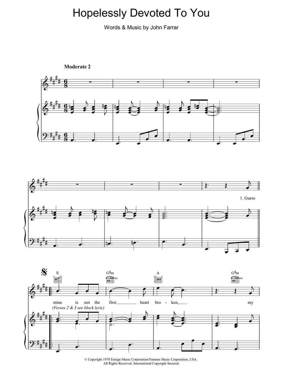 Hopelessly Devoted To You Piano, Vocal, Guitar scores gallery preview page 1
