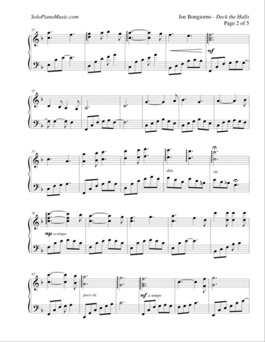 Deck the Halls - Traditional Christmas Piano - by Joe Bongiorno Piano Solo scores gallery preview page 2