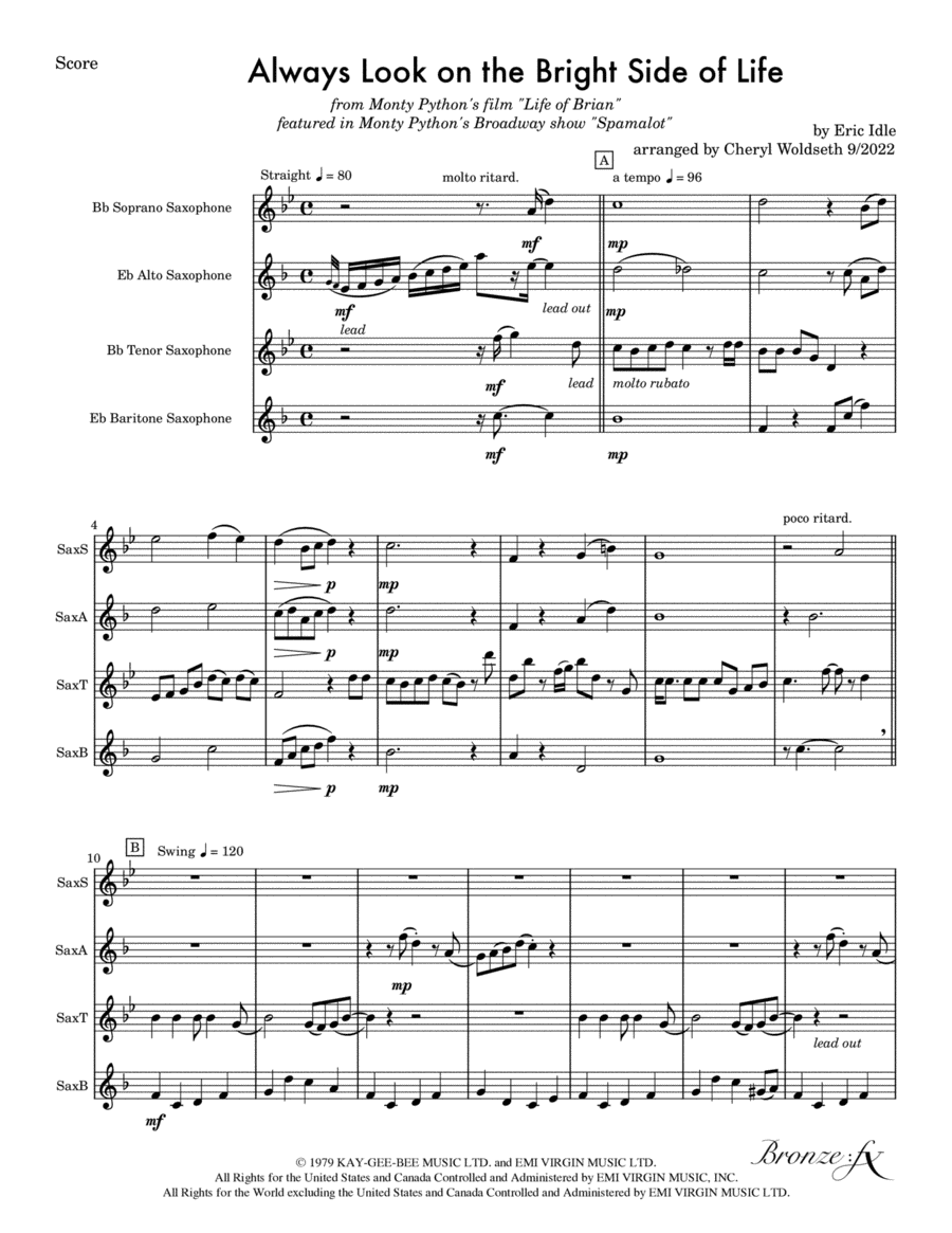 Always Look On The Bright Side Of Life Saxophone Quartet scores gallery preview page 1