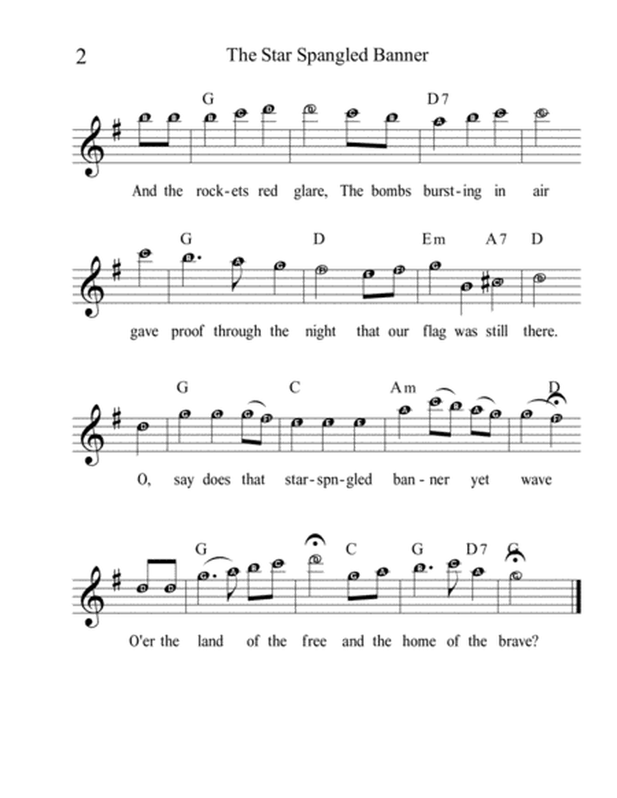 The Star Spangled Banner Key of G Alphanotes Lead Sheet