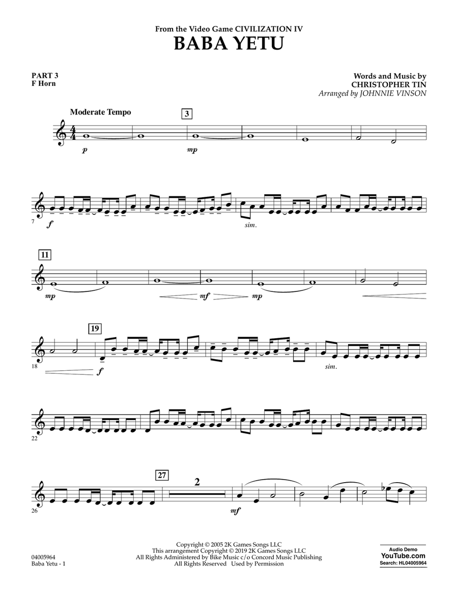 Baba Yetu (from Civilization IV) (arr. Johnnie Vinson) - Pt.3 - F Horn