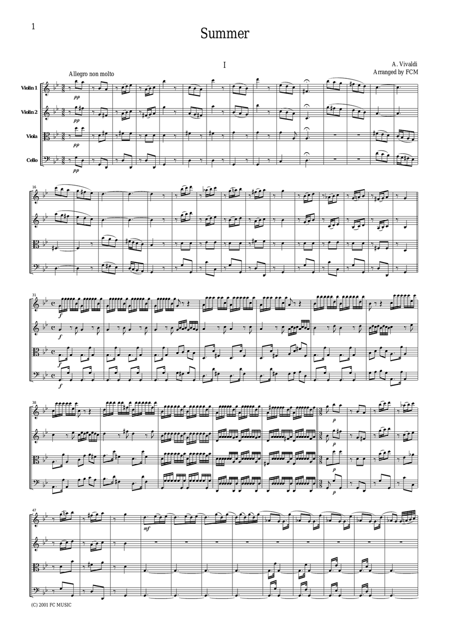 Vivaldi Summer from the Four Seasons, all mvts., for string quartet, CV102 String Quartet scores gallery preview page 1