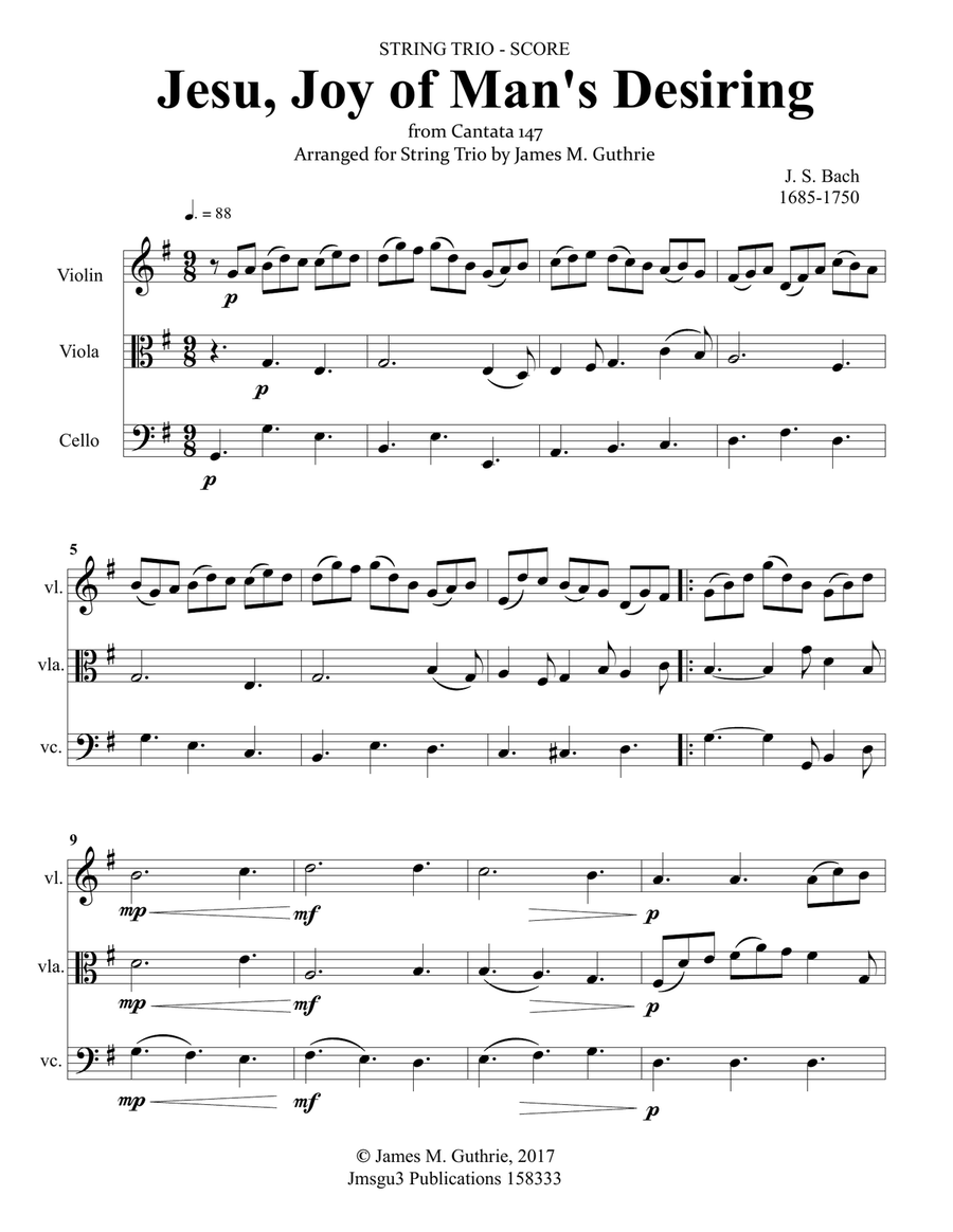 Bach: Jesu, Joy of Man's Desiring for String Trio String Trio scores gallery preview page 1