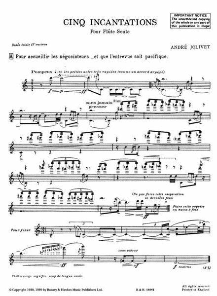 Cinq Incantations by Andre Jolivet Flute Solo - Sheet Music