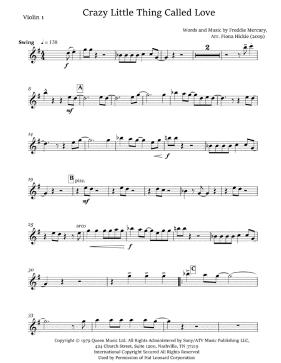 Crazy Little Thing Called Love String Quartet scores gallery preview page 4
