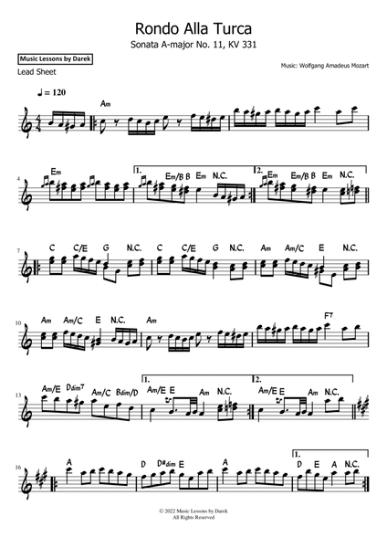 Rondo Alla Turca (LEAD SHEET) Sonata A-major No. 11, KV 331 [Wolfgang Amadeus Mozart] FULL SONG! image number null