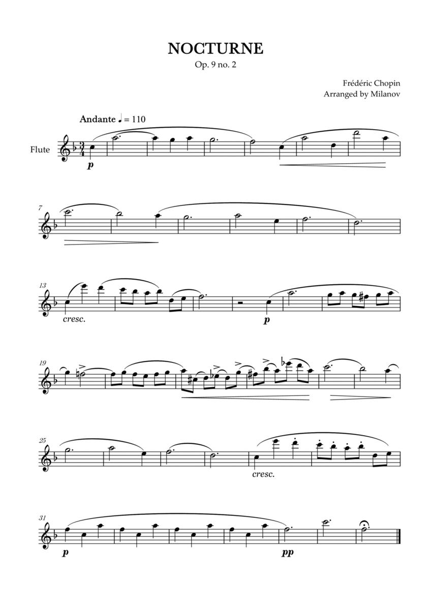 Chopin Nocturne op. 9 no. 2 | Flute | F Major | Easy beginner image number null