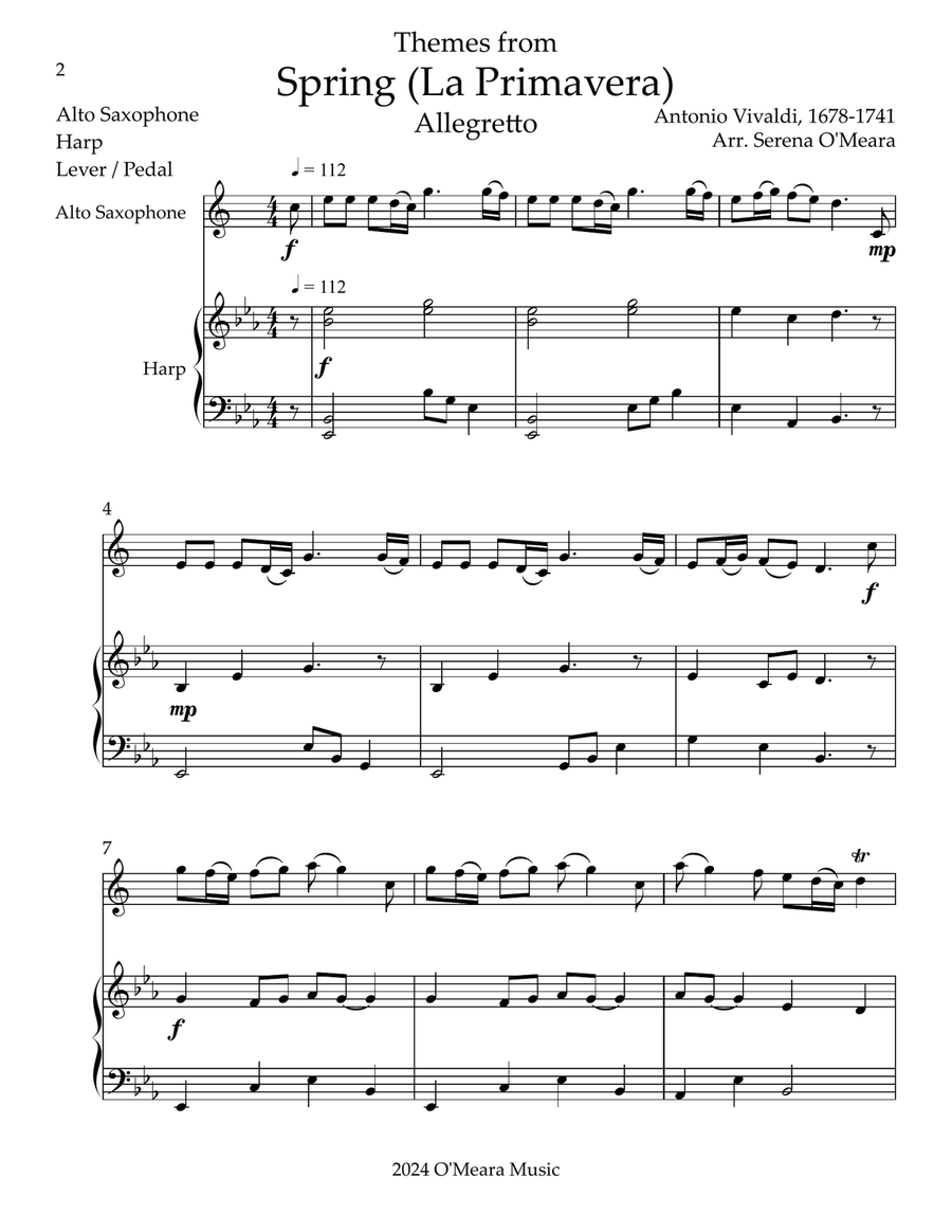 Spring (La Primavera), Duet for Eb Alto Saxophone & Harp Alto Saxophone scores gallery preview page 2