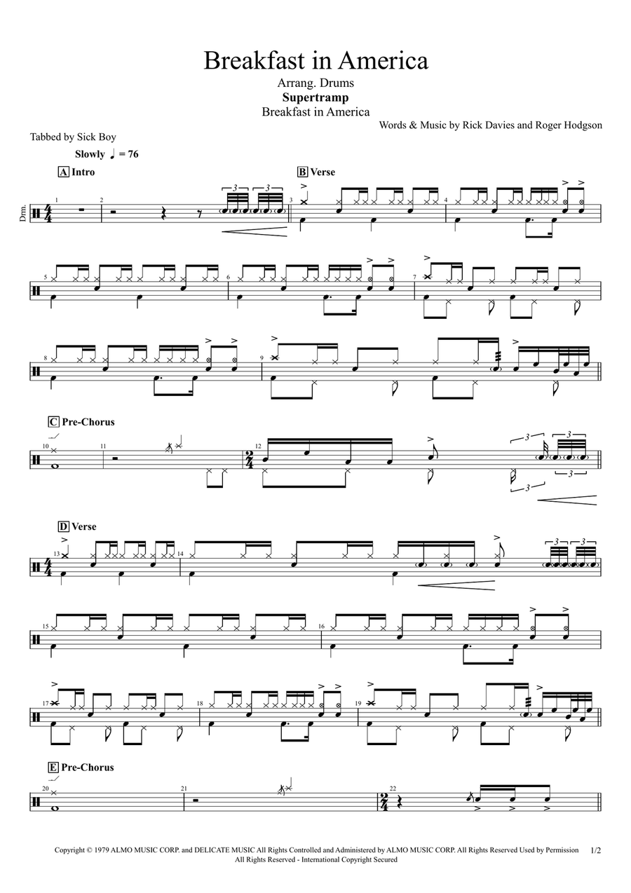 Breakfast In America Drum Set scores gallery preview page 1