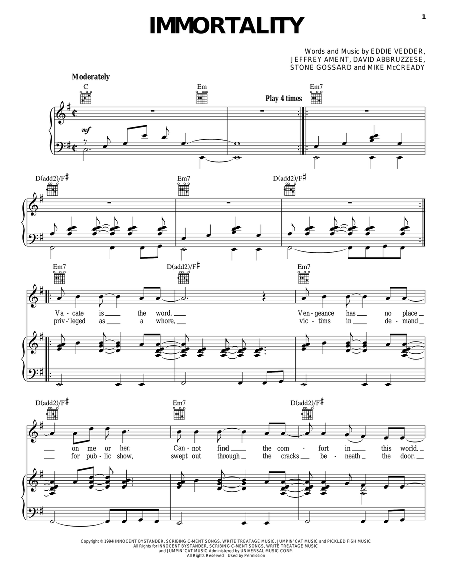 Immortality Piano, Vocal, Guitar scores gallery preview page 1