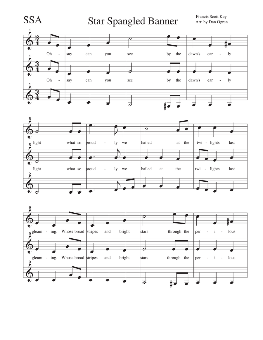 Star Spangled Banner (SSA A Cappella) SSA scores gallery preview page 1