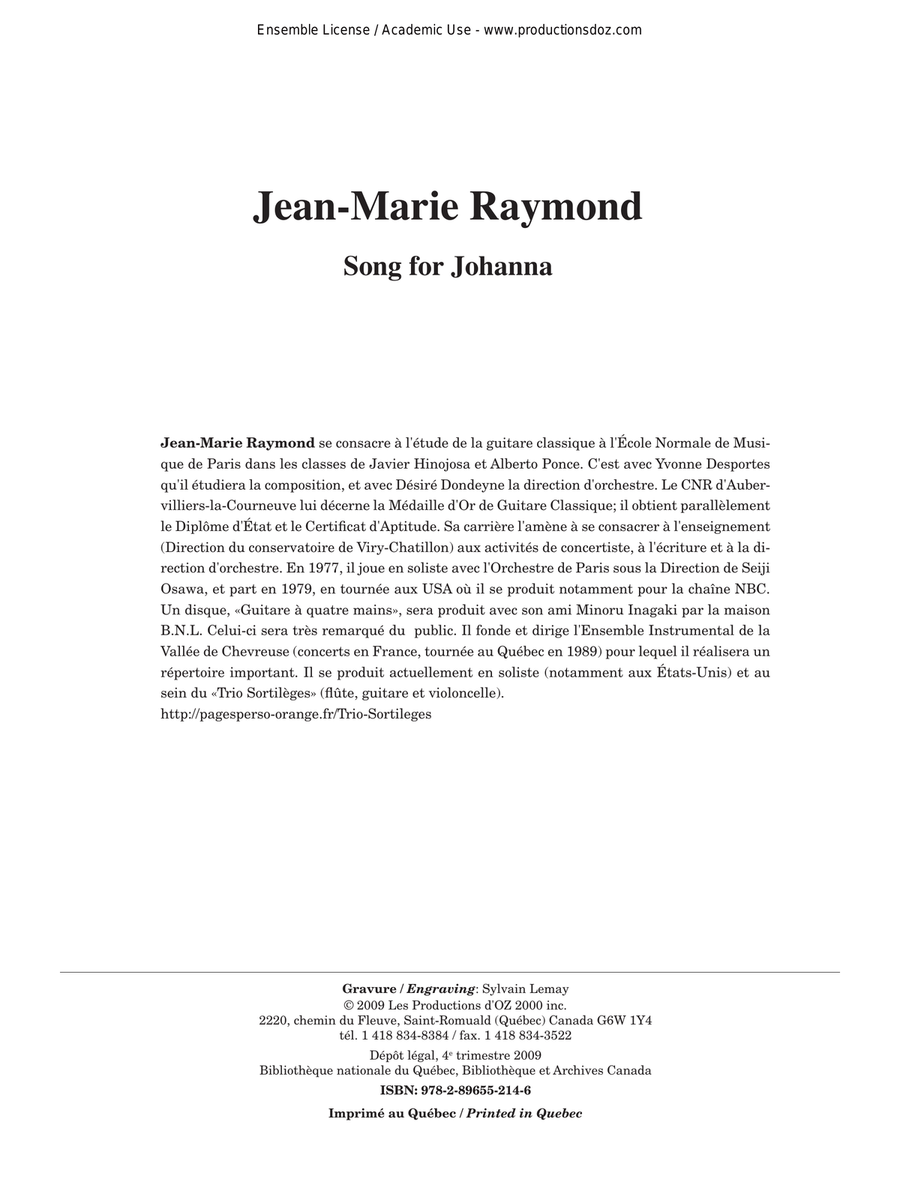 Song for Johanna Classical Guitar scores gallery preview page 1